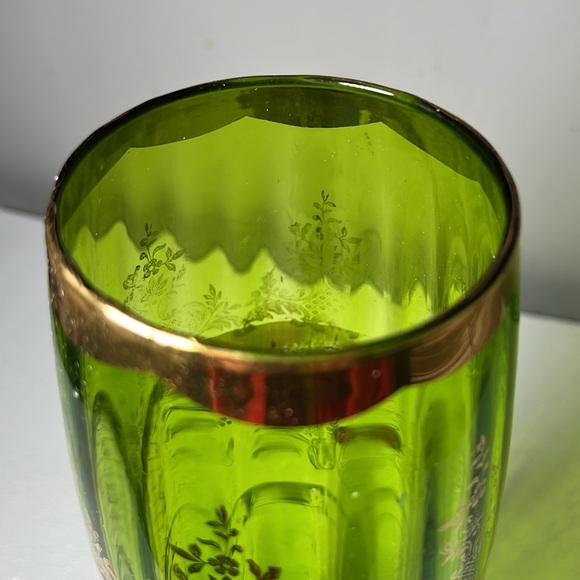 Antique Emerald Green Bohemien Style Glass Vase Gold Pattern Trim - Picture 5 of 6